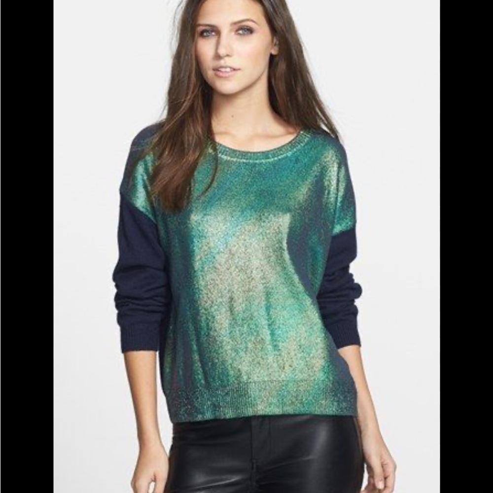 Leith Metallic Front Green and Black Crew Neck Sweater